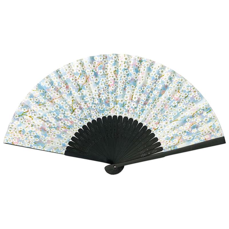Folding Fan - Yuzen Paper, CZM-6358: Cherry Blossoms in the Mist, Sky blue