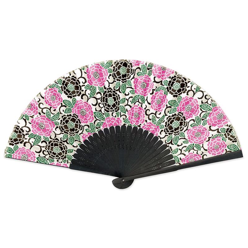 Folding Fan - Yuzen Paper, CZM-6367: Peony, Black/Pink